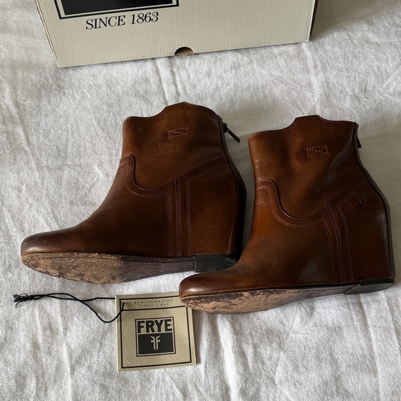 Frye Cognac Leather Carson Wedge Bootie - Picture 3 of 14